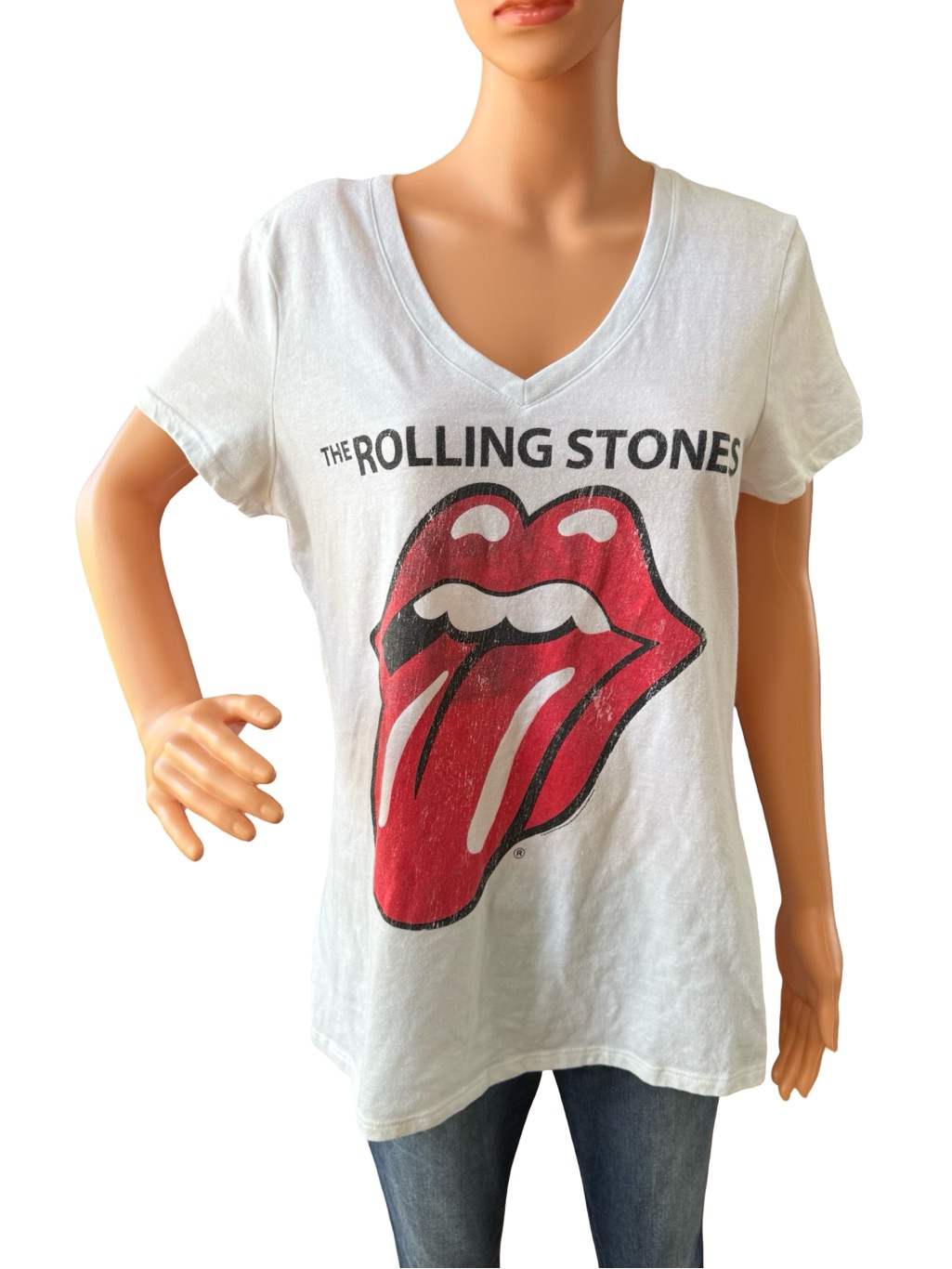The Rolling Stones White V-Neck Tee With Red Tongue Graphic